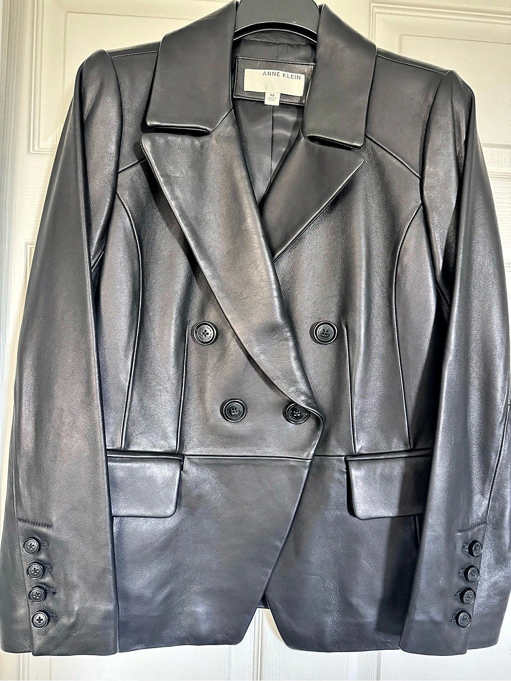 Anne Klein Leather Double-Breasted Jacket in Black Size Medium